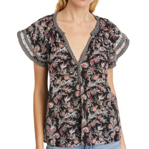 Joie Laurina Pattern Mic Flutter Sleeve Cotton Blend Top in caviar EUC - Picture 10 of 14